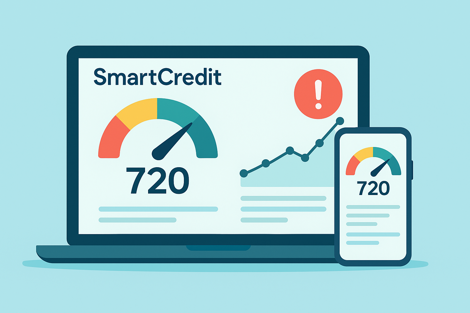 SmartCredit dashboard with credit score gauge, alert icon, and trend chart